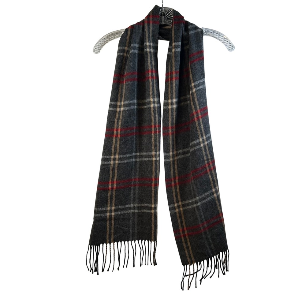 Steve Madden Plaid Scarf Acrylic Wool Blend Fringe Made in Italy Gray Red Tan